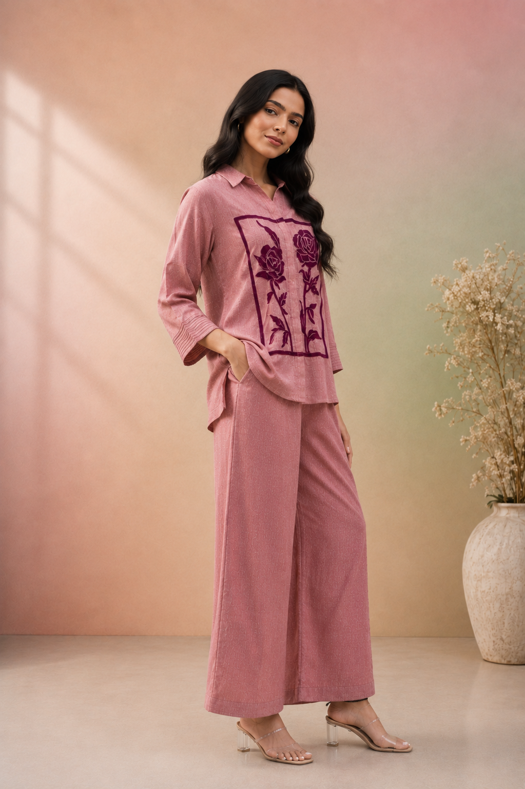 Onion Pink Jute Cotton Co-Ord Set with Floral Patch Work