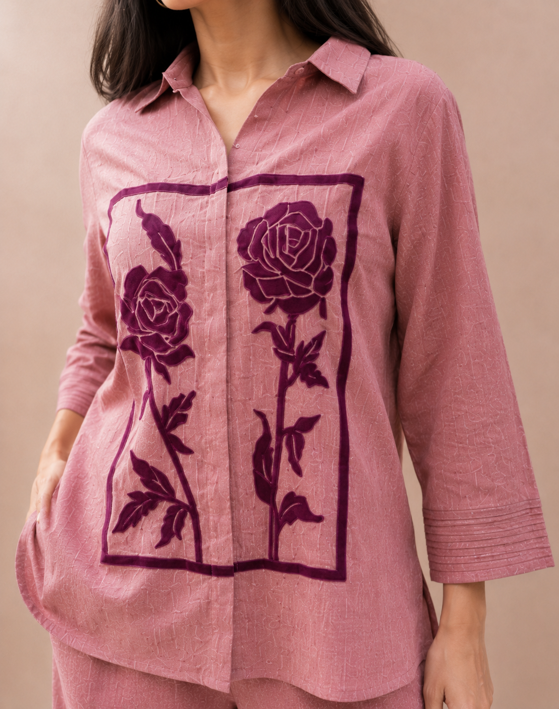 Onion Pink Jute Cotton Co-Ord Set with Floral Patch Work