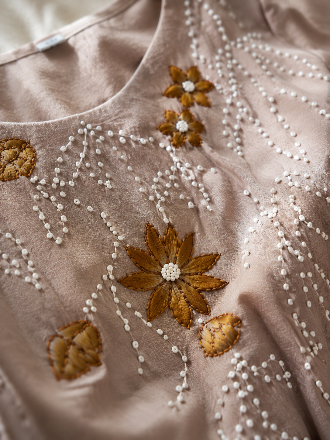 Beige Mal Cotton Co-Ord Set with Floral Katha Work