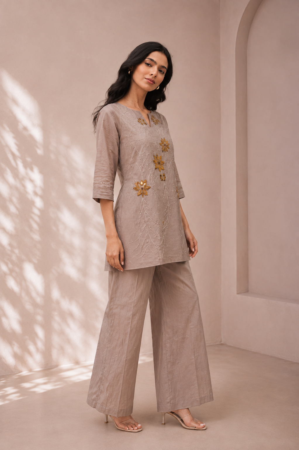 Beige Mal Cotton Co-Ord Set with Floral Katha Work