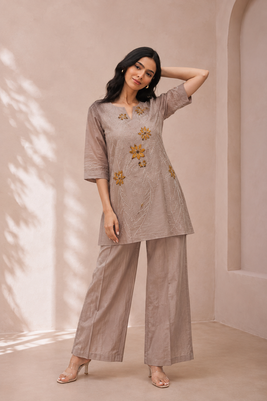 Beige Mal Cotton Co-Ord Set with Floral Katha Work
