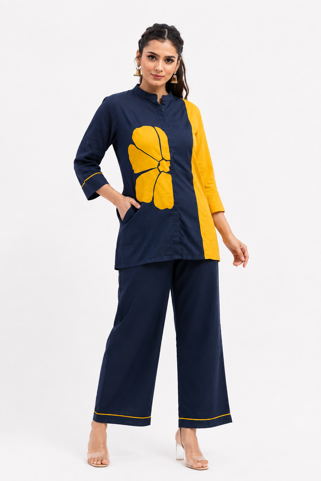 Navy Blue & Mustard Yellow Cotton Co-Ord Set with Abstract Floral Patch Work