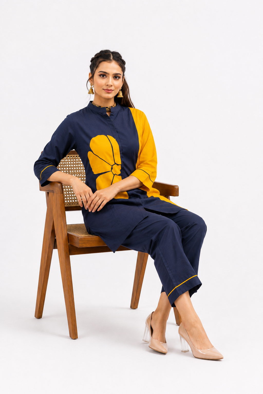 Navy Blue & Mustard Yellow Cotton Co-Ord Set with Abstract Floral Patch Work