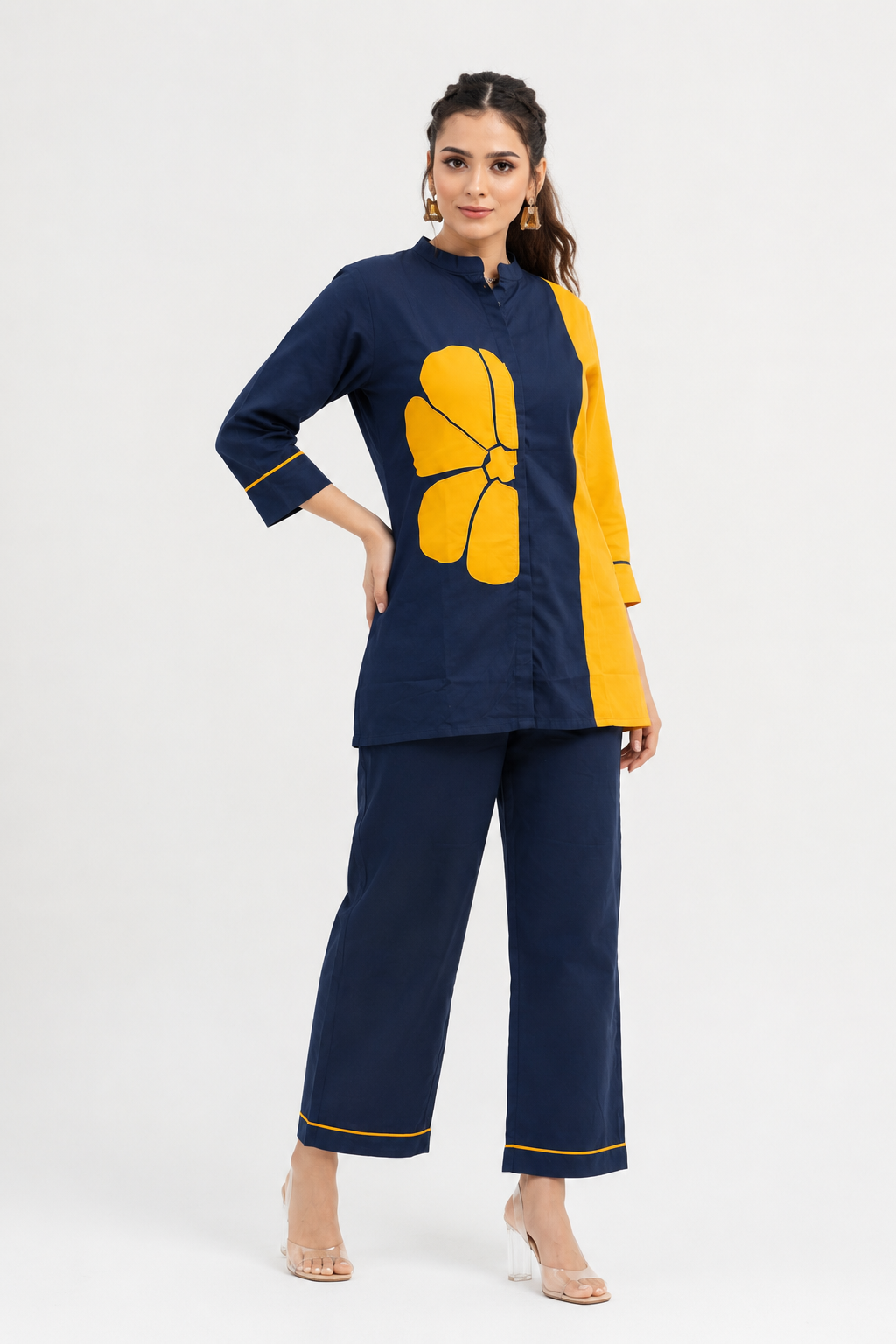 Navy Blue & Mustard Yellow Cotton Co-Ord Set with Abstract Floral Patch Work