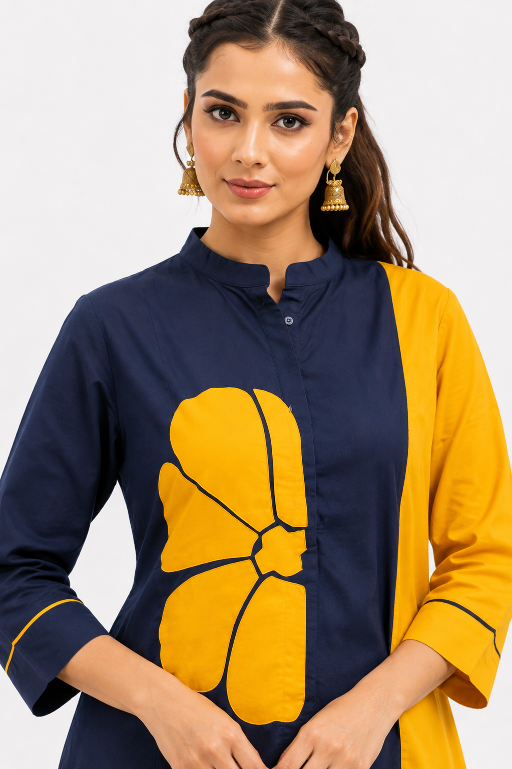 Navy Blue & Mustard Yellow Cotton Co-Ord Set with Abstract Floral Patch Work