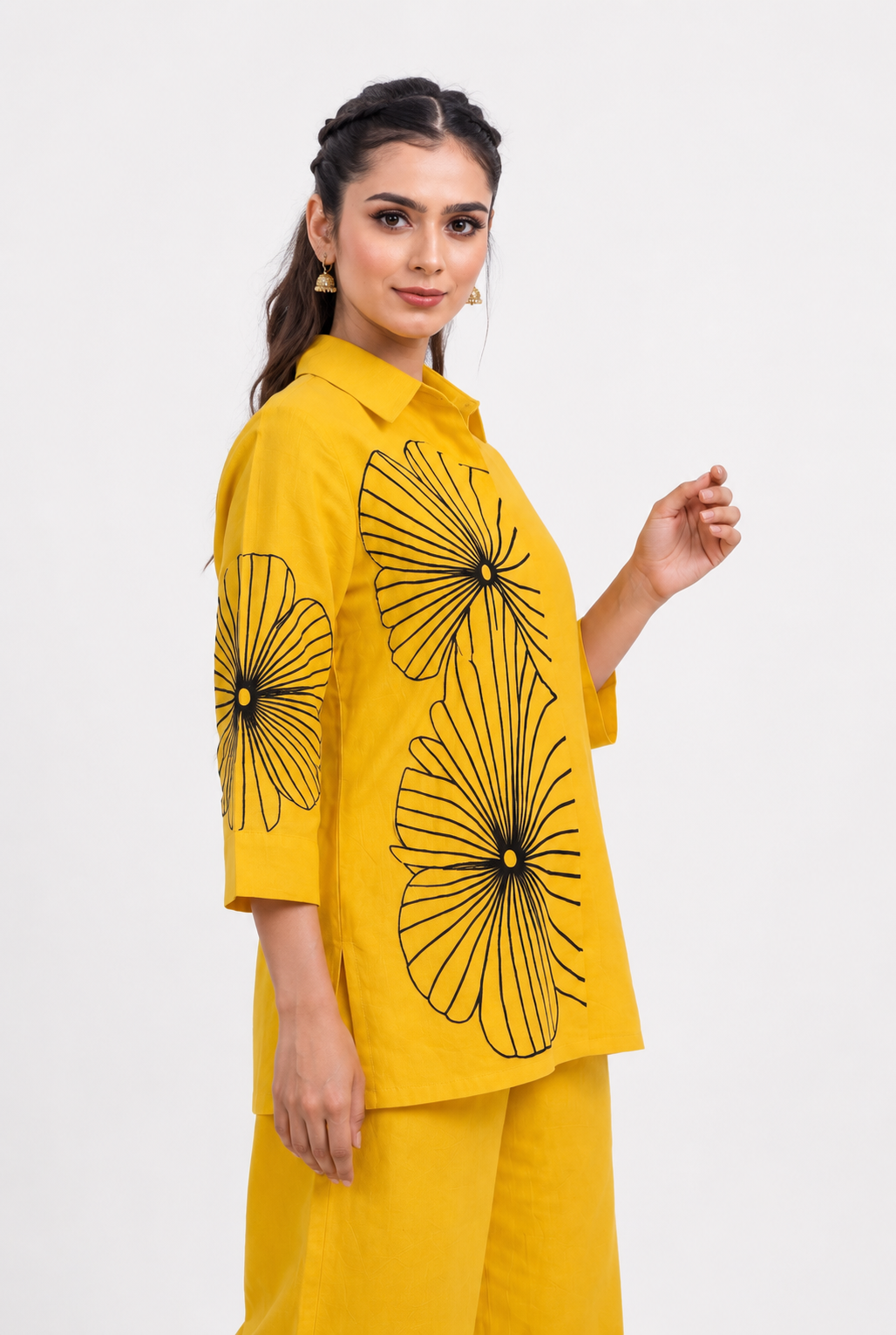 Mustard Yellow Cotton Co-Ord Set with Abstract Floral Thread Design