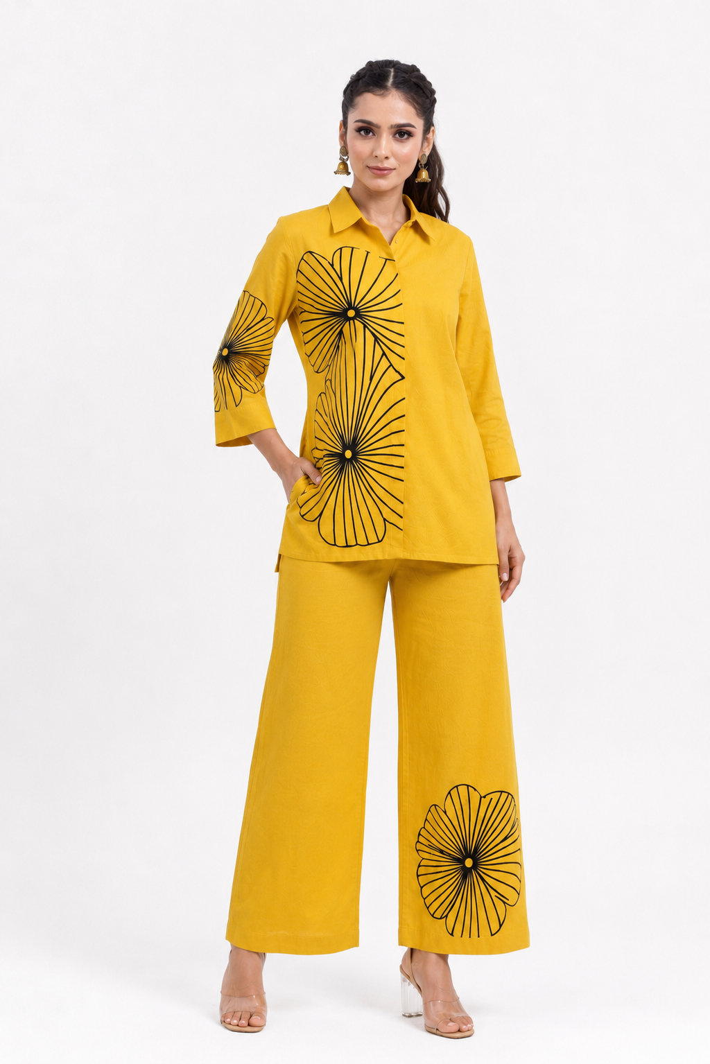 Mustard Yellow Cotton Co-Ord Set with Abstract Floral Thread Design