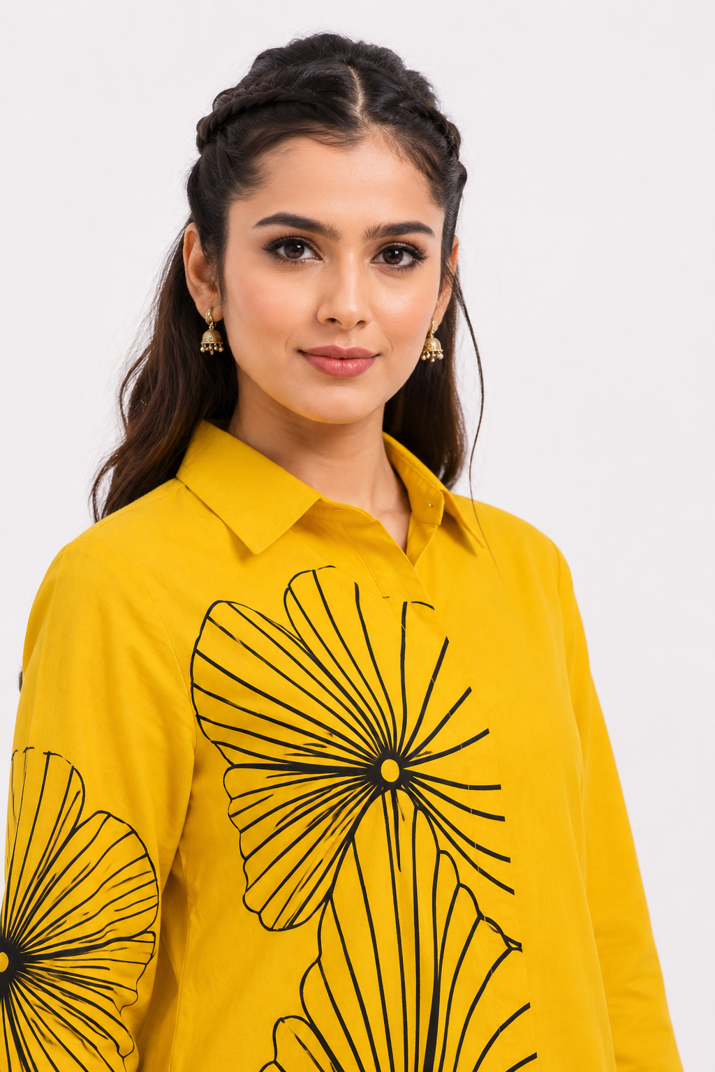 Mustard Yellow Cotton Co-Ord Set with Abstract Floral Thread Design