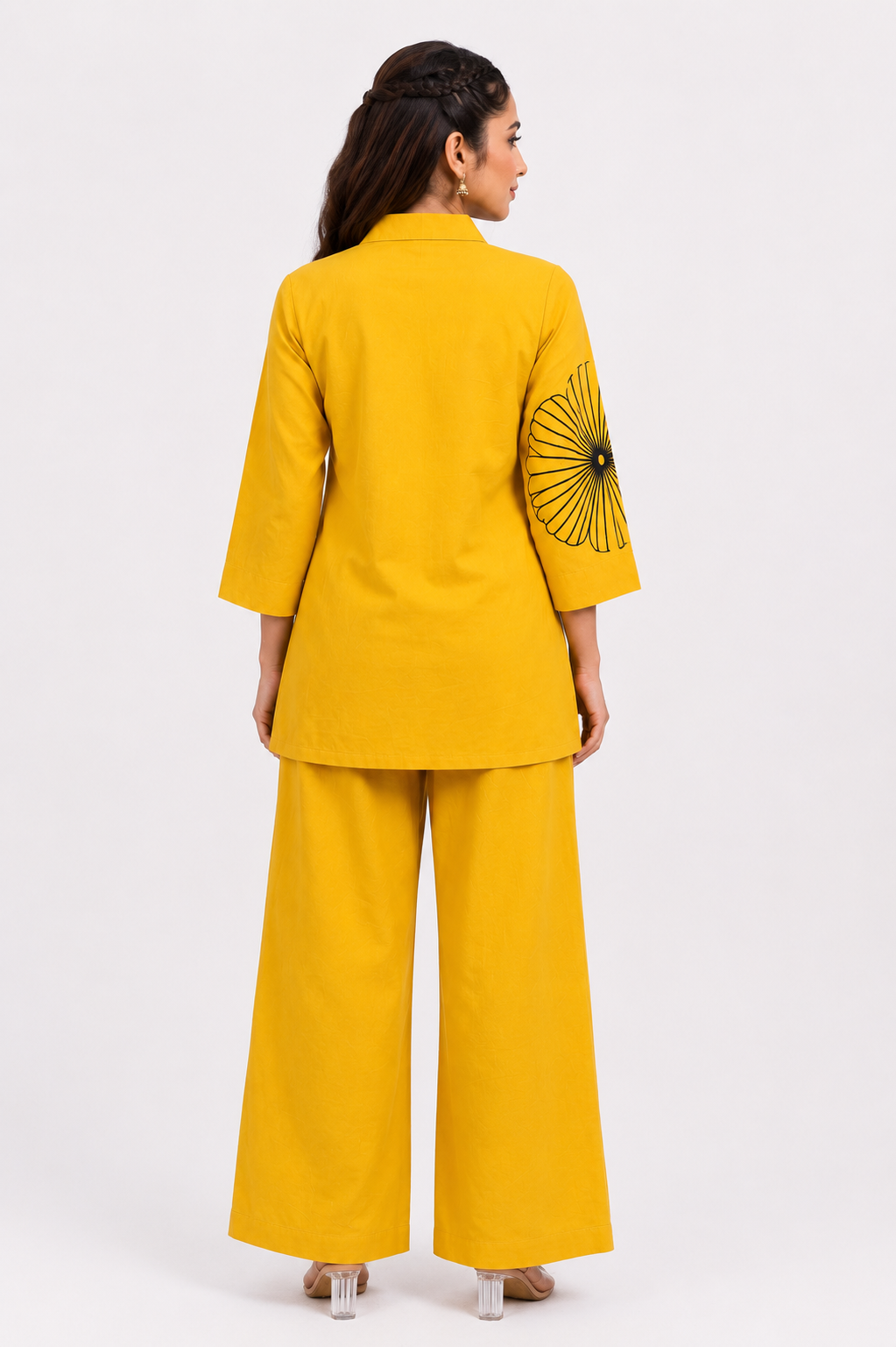 Mustard Yellow Cotton Co-Ord Set with Abstract Floral Thread Design