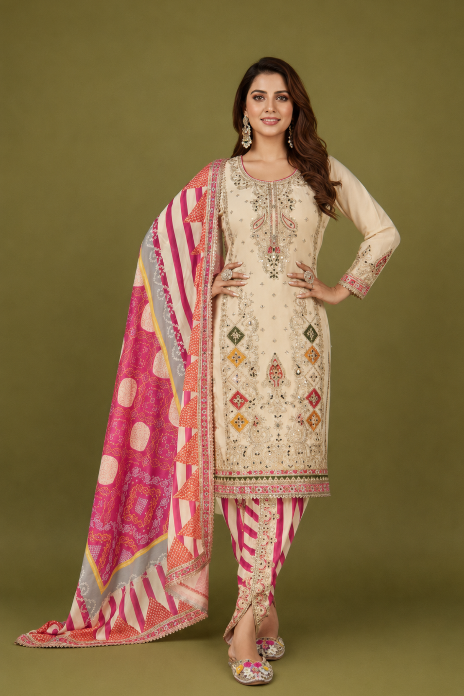 Cream-Pink Silk Suit with Zari Embroidery with Designer Dhoti Pant & Dupatta