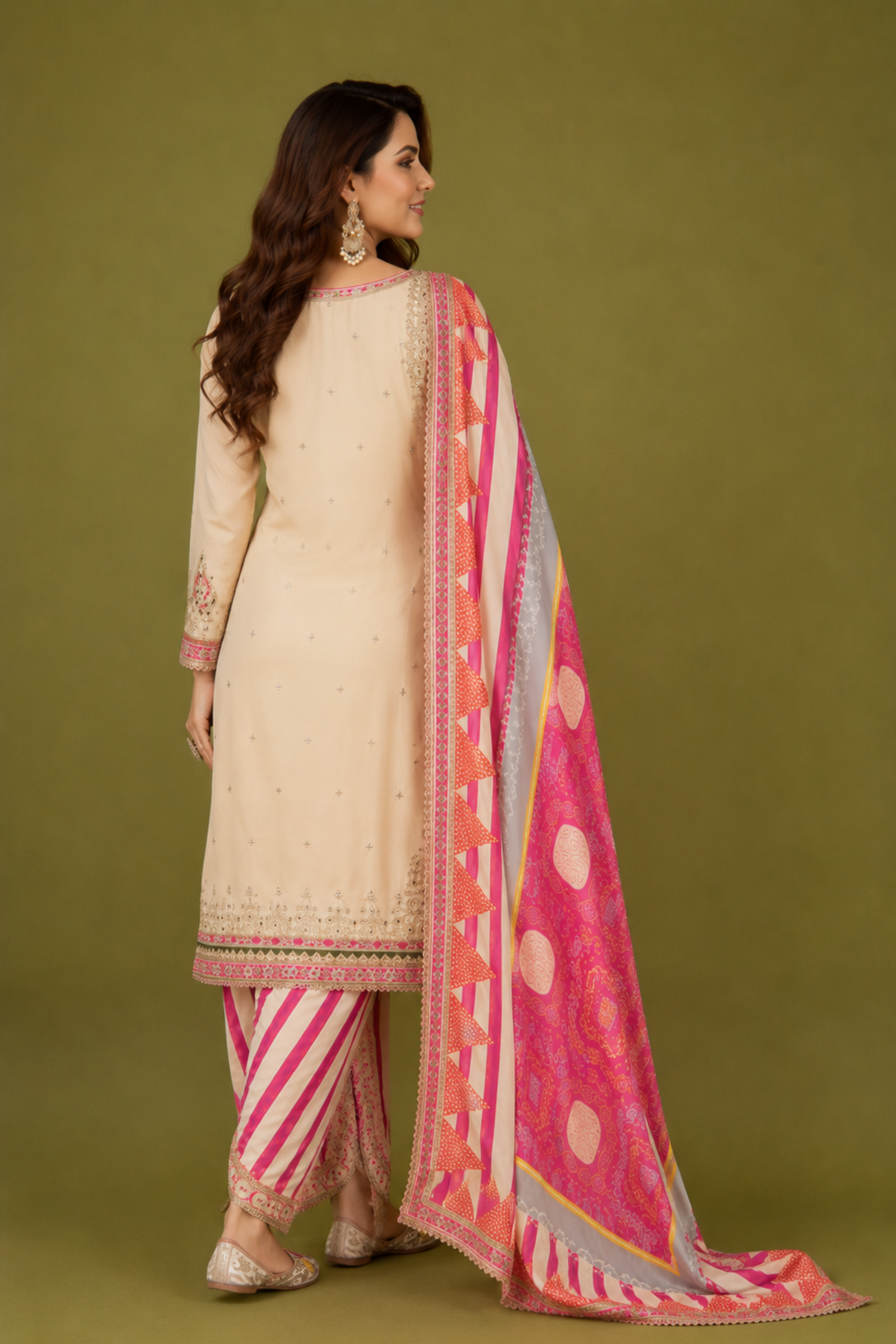 Cream-Pink Silk Suit with Zari Embroidery with Designer Dhoti Pant & Dupatta