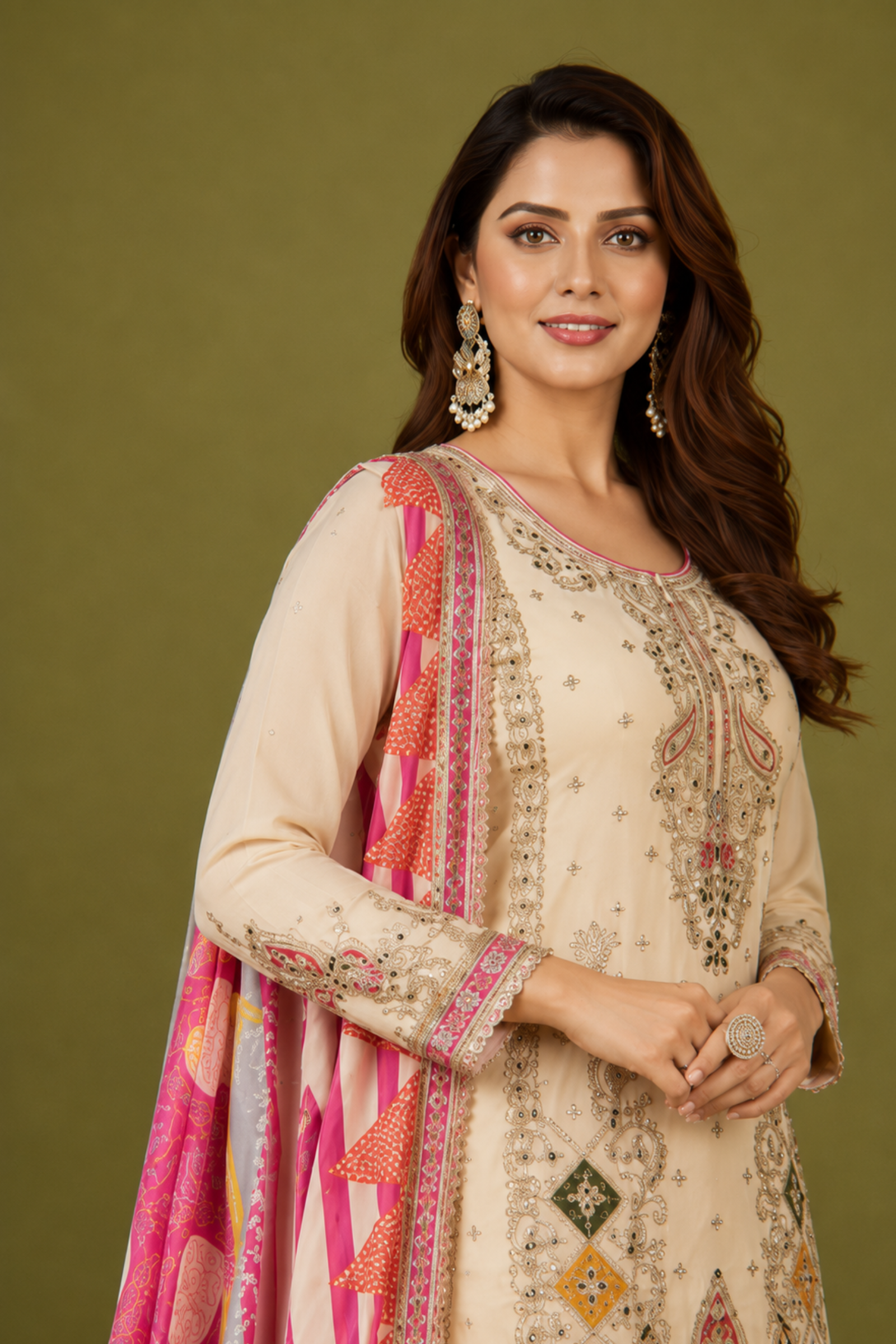 Cream-Pink Silk Suit with Zari Embroidery with Designer Dhoti Pant & Dupatta