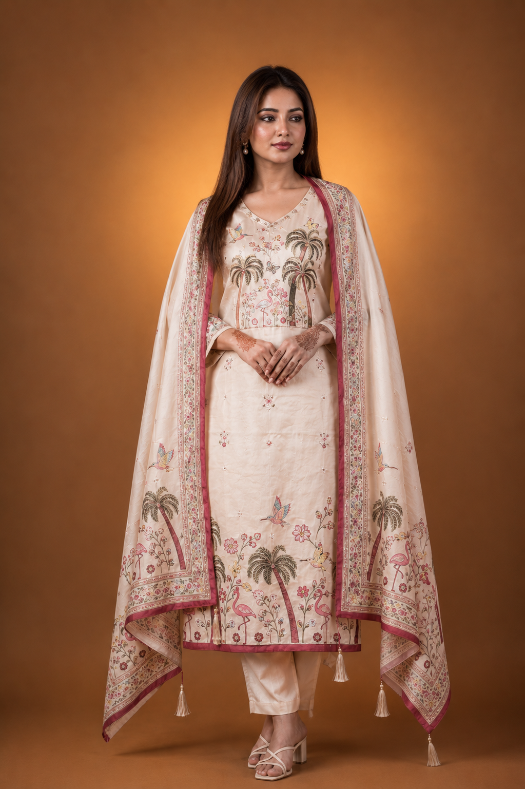 Cream Crepe Silk Straight Kurta-Set with Straight Pant and Dupatta With Pichwai Art Work