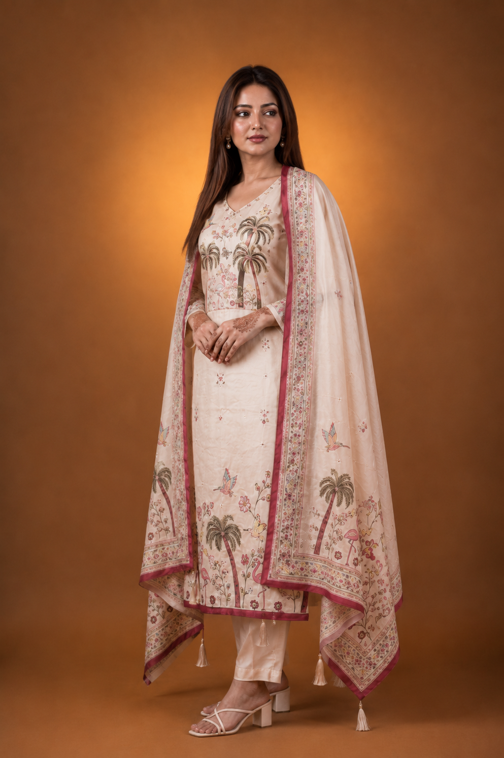 Cream Crepe Silk Straight Kurta-Set with Straight Pant and Dupatta With Pichwai Art Work