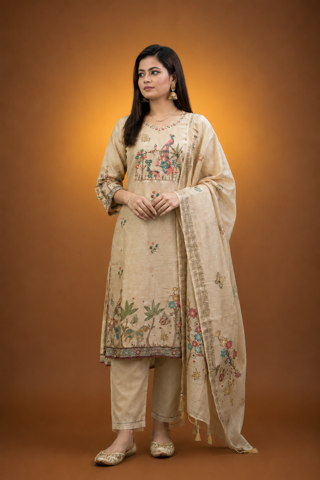Cream Crepe Silk Straight Kurta-Set with Straight Pant and Dupatta With Pichwai Art Work