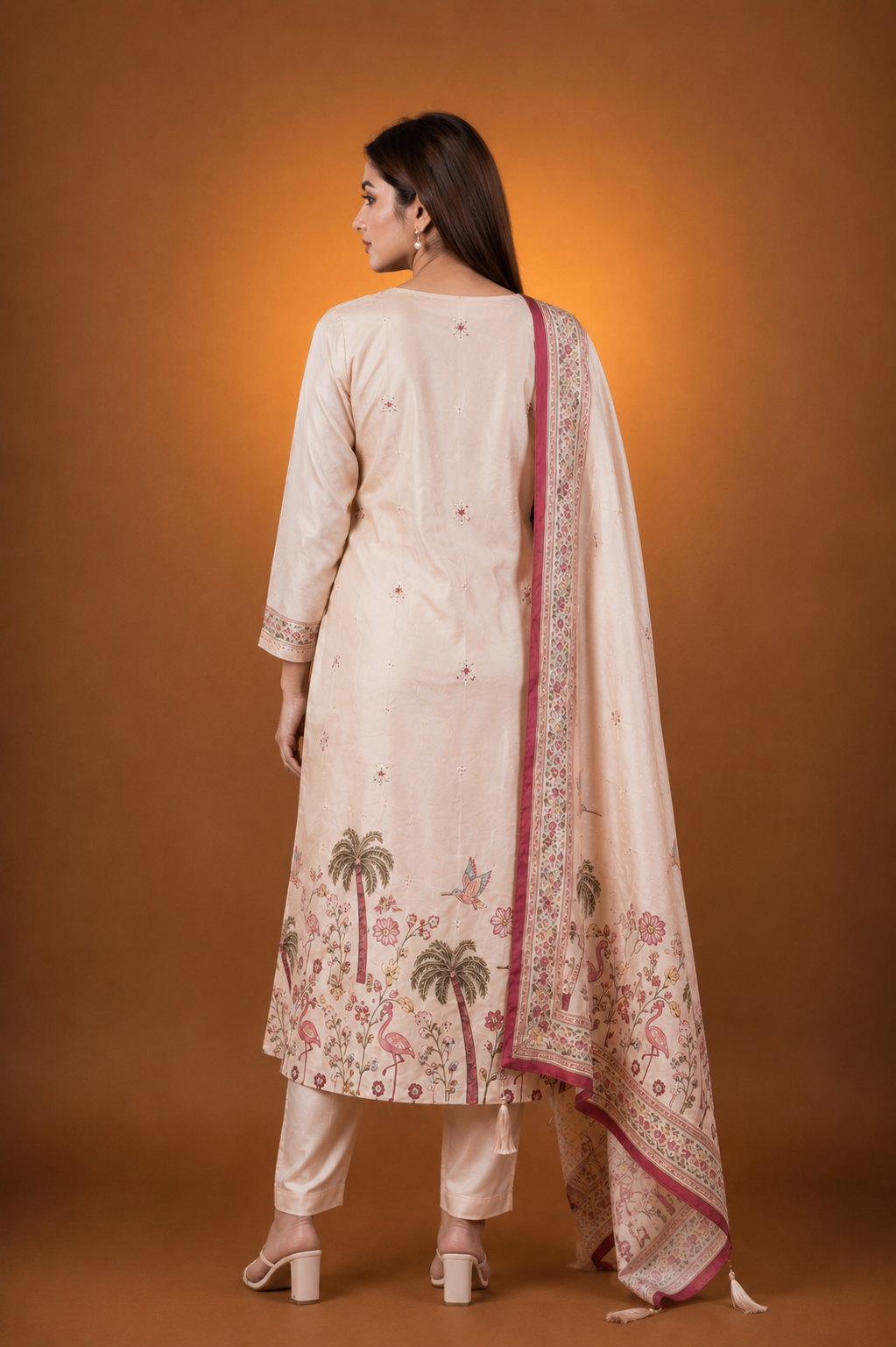 Cream Crepe Silk Straight Kurta-Set with Straight Pant and Dupatta With Pichwai Art Work