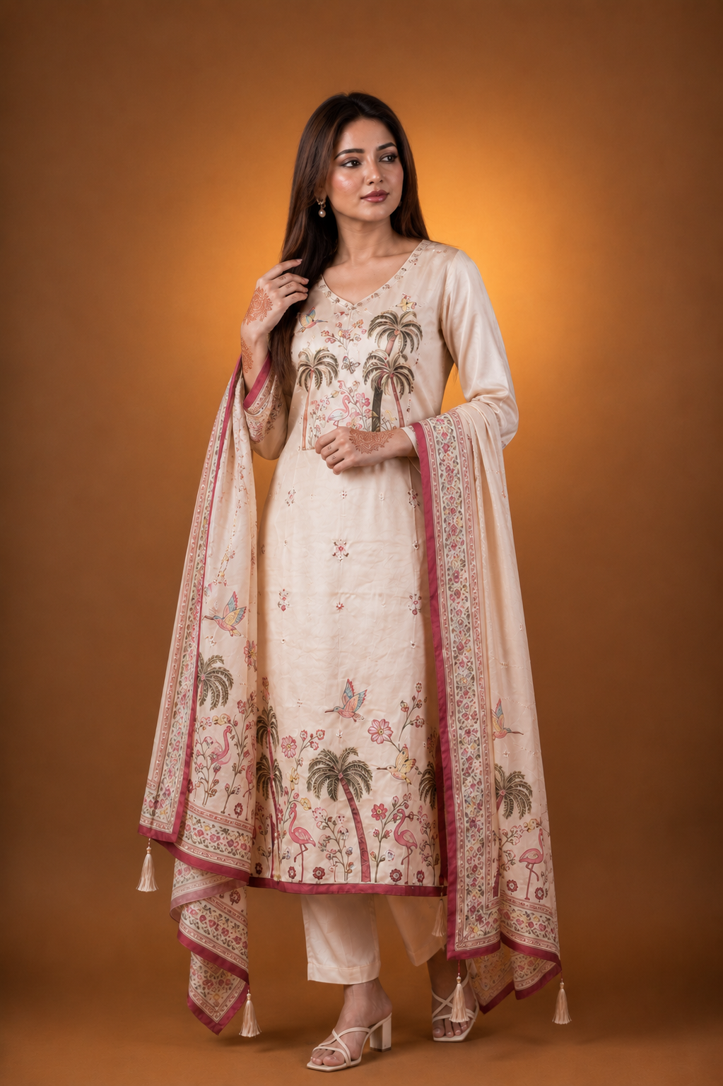 Cream Crepe Silk Straight Kurta-Set with Straight Pant and Dupatta With Pichwai Art Work