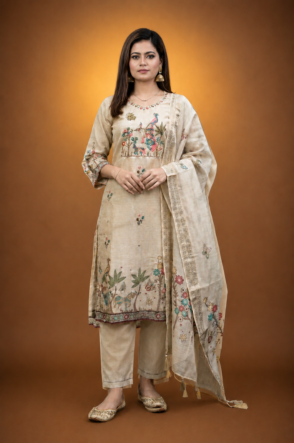 Cream Crepe Silk Straight Kurta-Set with Straight Pant and Dupatta With Pichwai Art Work