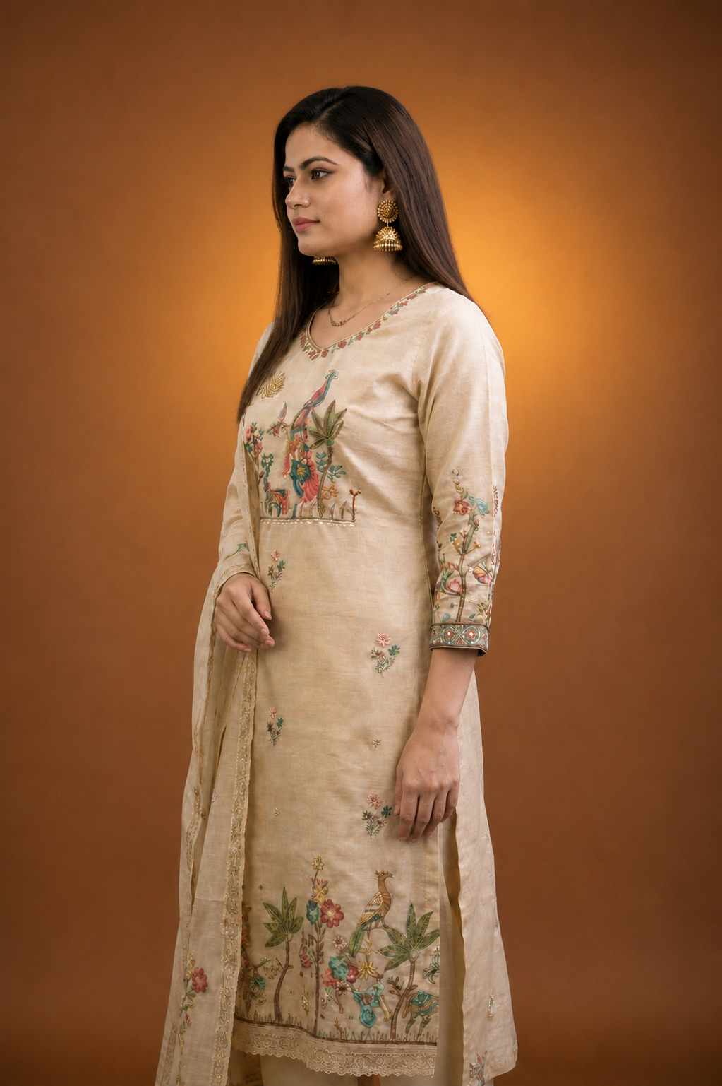 Cream Crepe Silk Straight Kurta-Set with Straight Pant and Dupatta With Pichwai Art Work