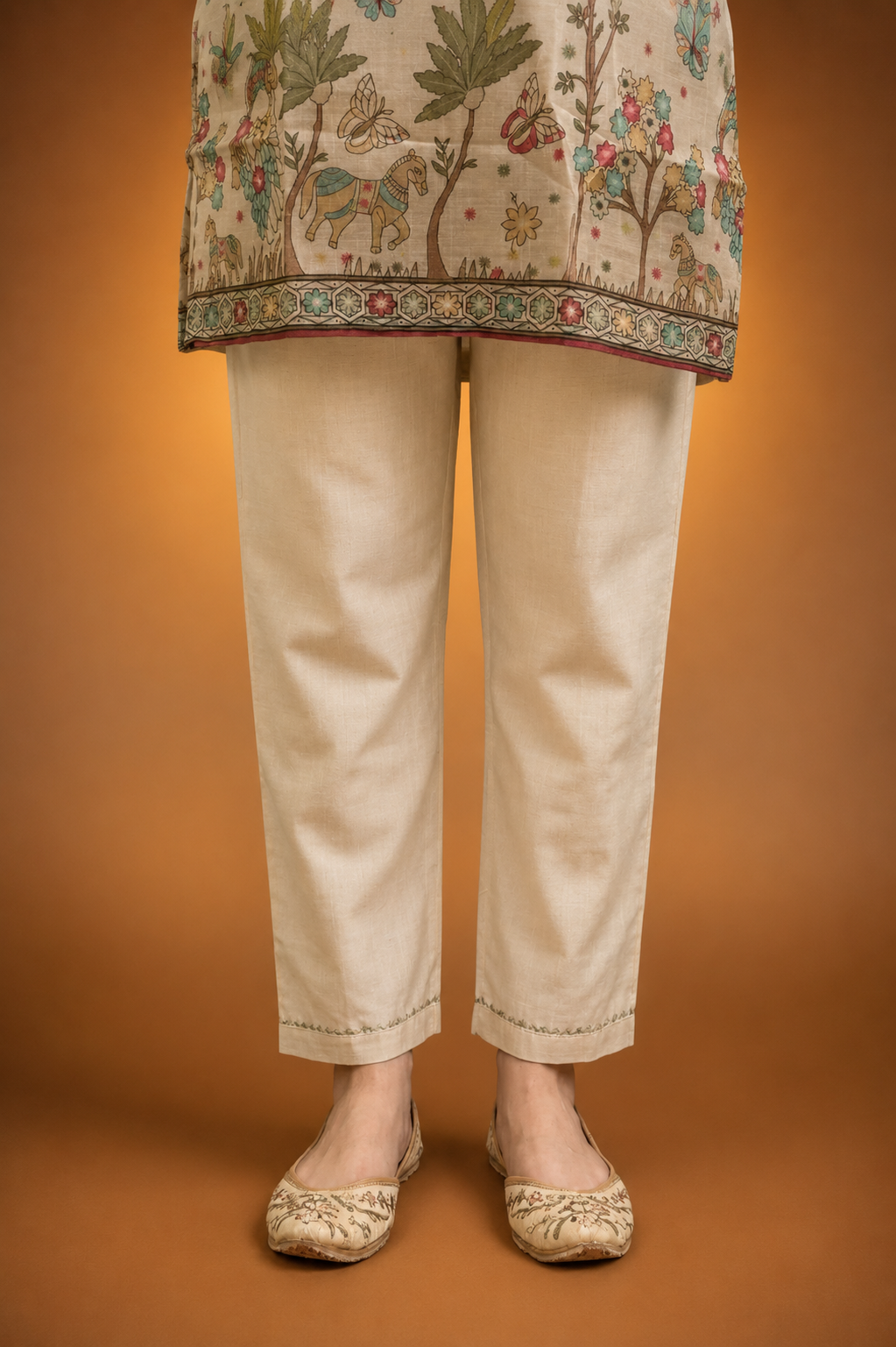 Cream Crepe Silk Straight Kurta-Set with Straight Pant and Dupatta With Pichwai Art Work