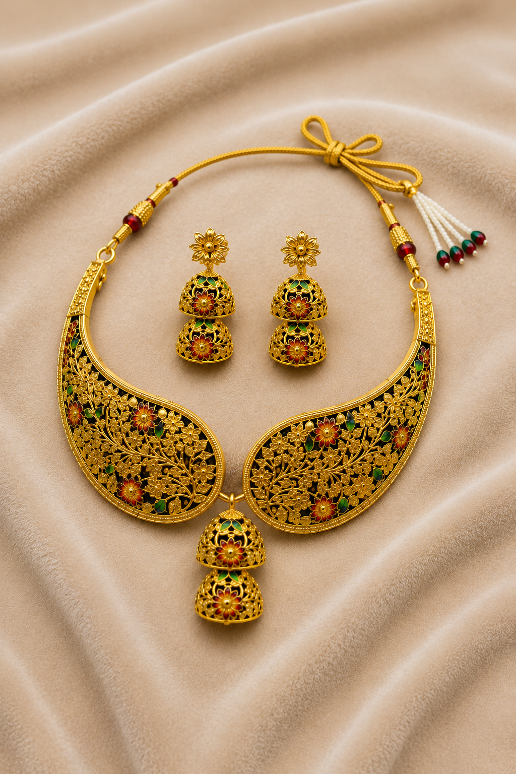 Gold-Tone Traditional Floral Filigree Choker Necklace Set with Red & Green Meenakari