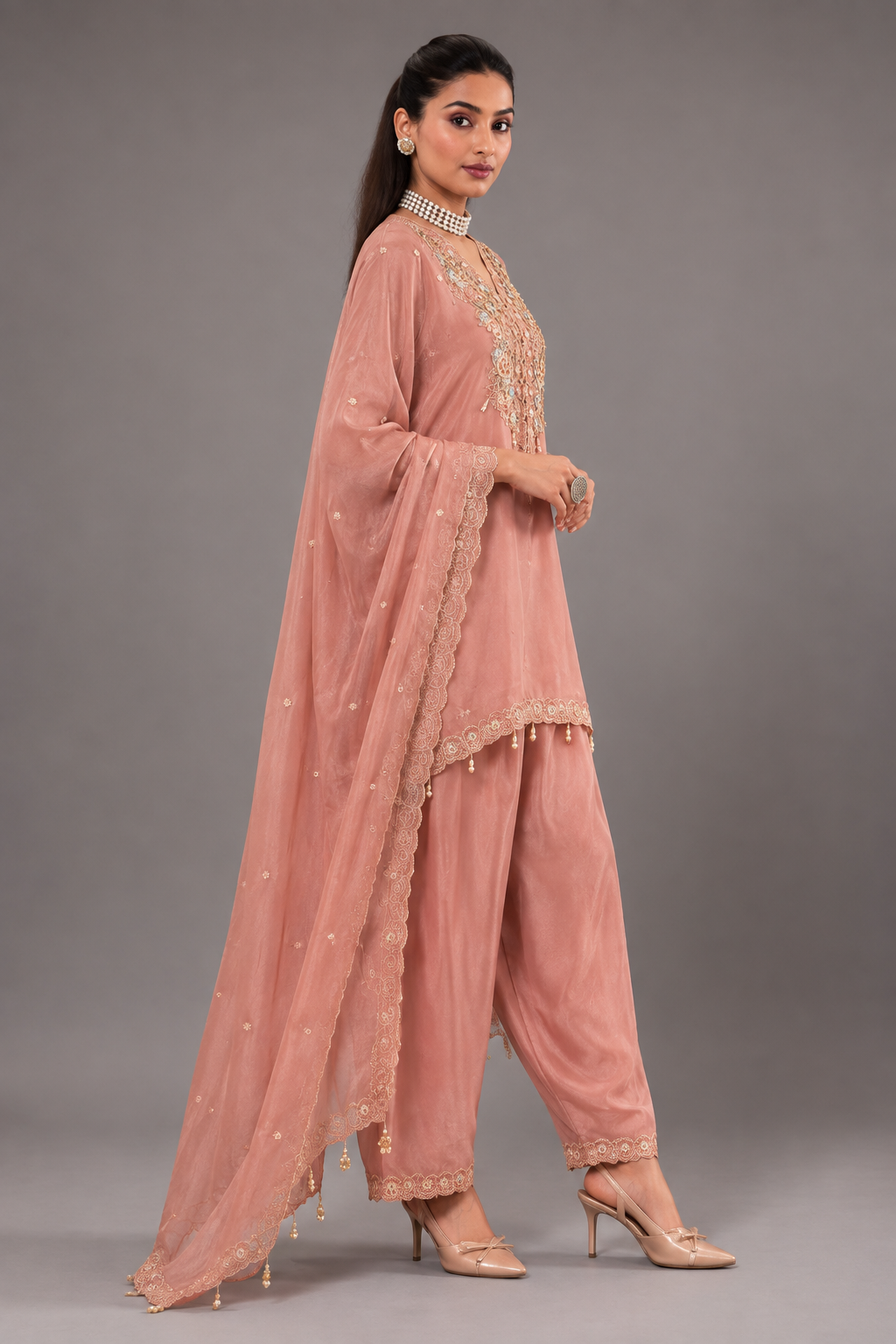 Blush Pink Shimmer Silk Kurta Set With Zardozi Embroidery