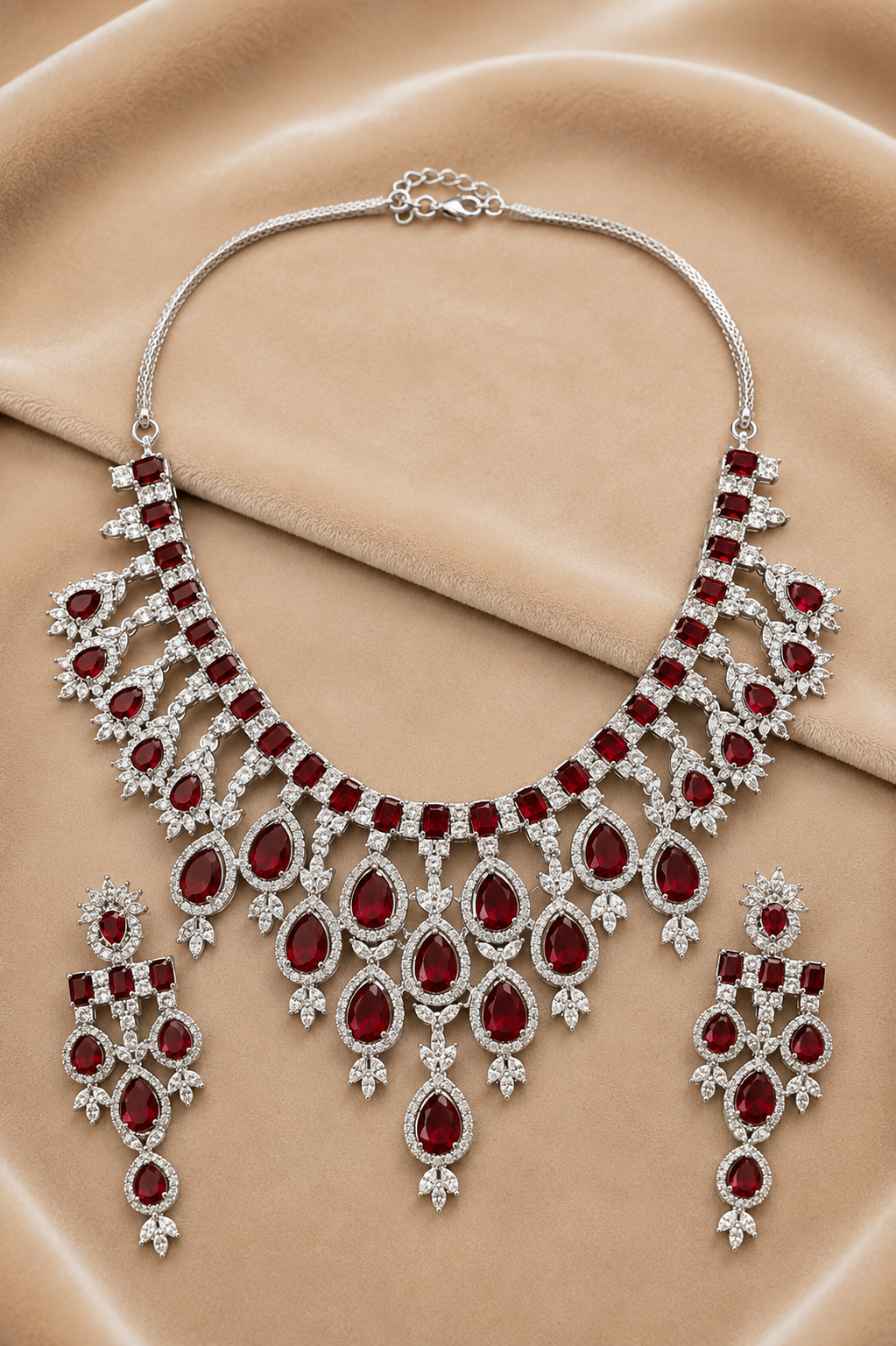 Royal Ruby Teardrop Diamond-Studded Statement Necklace with Cascading Drop Design