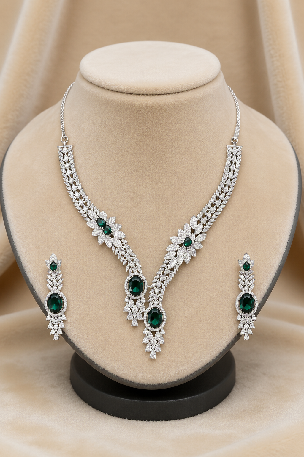 Green Silver-Tone Oval shaped American Diamond Necklace Set with Floral Motif