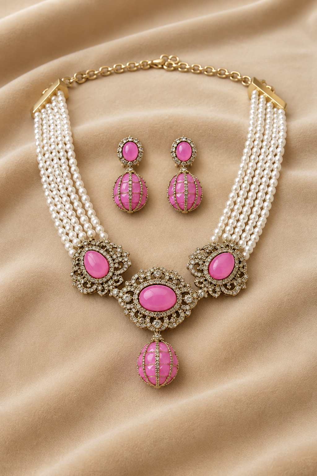 Rose Pink Oval Stone Pearl Strand Necklace Set with Antique Golden Floral Detailing & Matching Drop Earrings