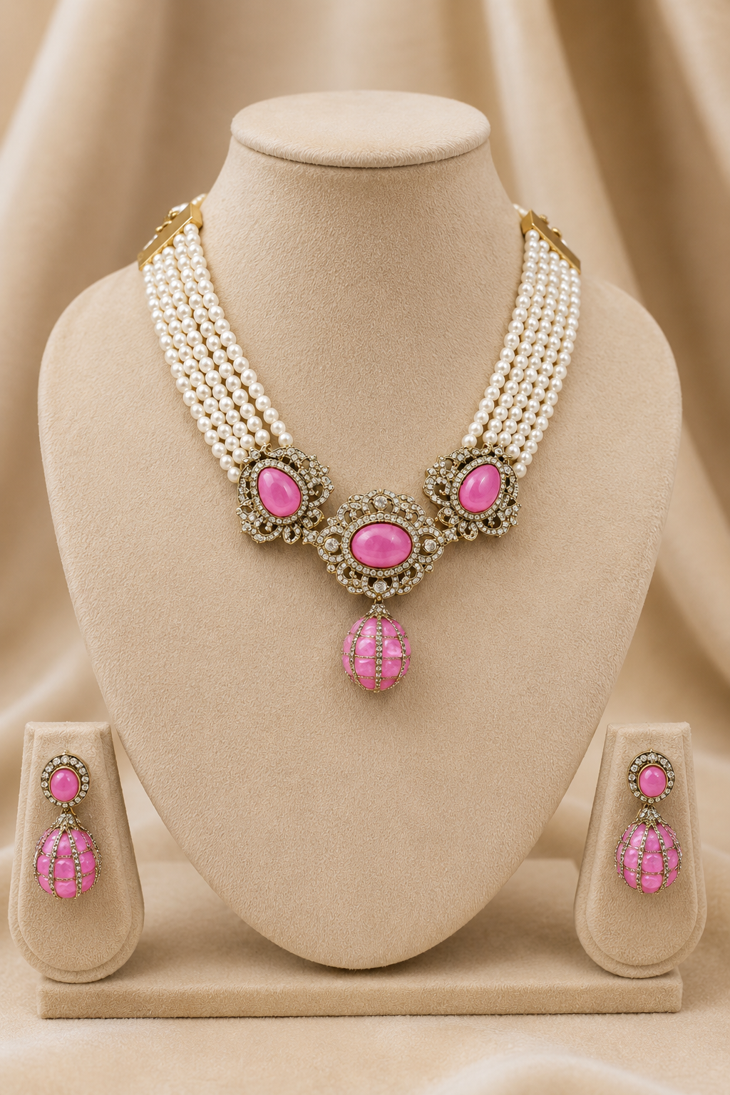 Rose Pink Oval Stone Pearl Strand Necklace Set with Antique Golden Floral Detailing & Matching Drop Earrings