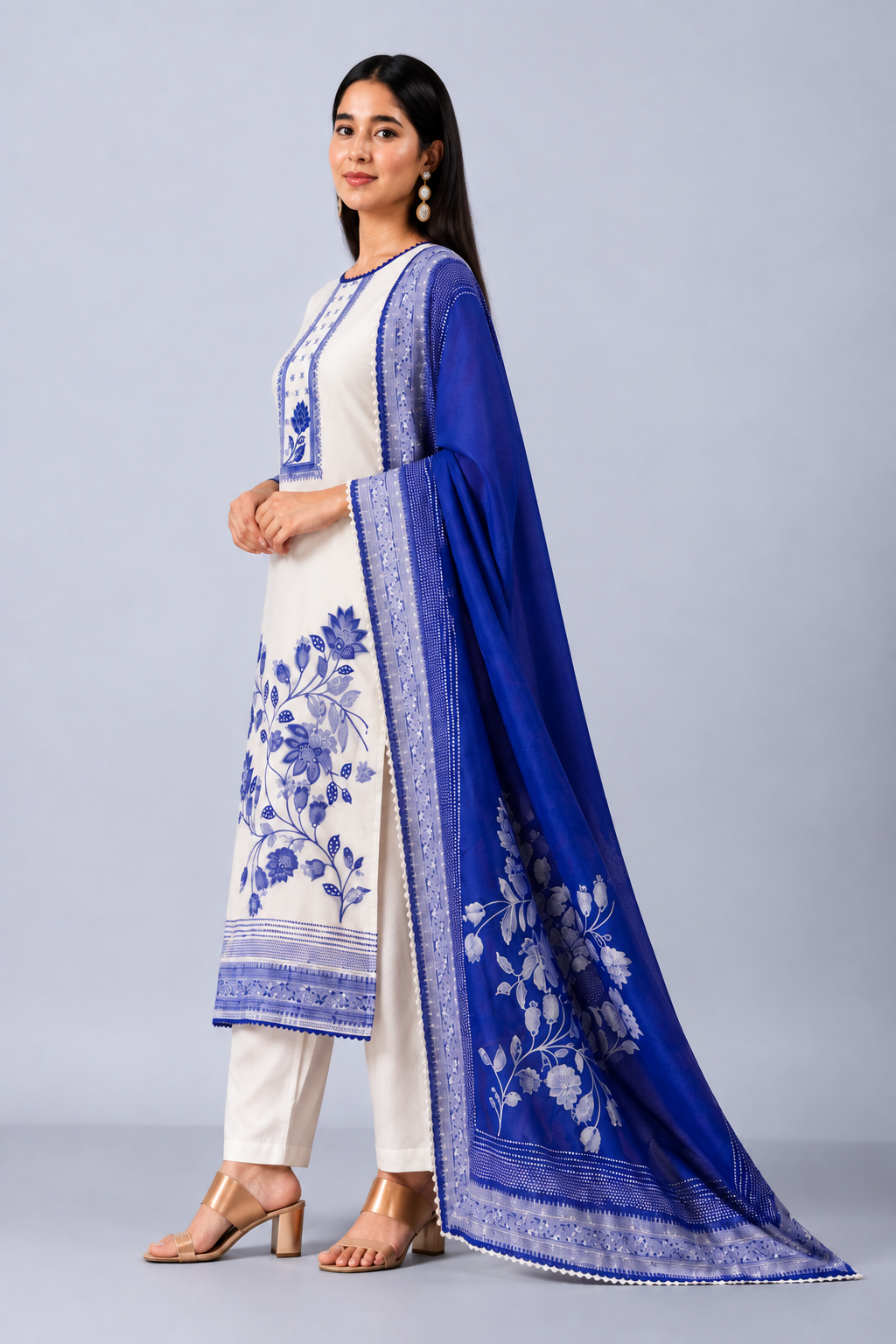 White Bemberg Banarasi Jamdani Suit Set With Crochet Lace