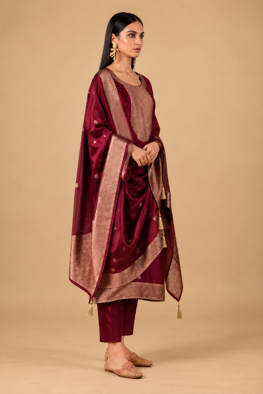 Wine Maroon Viscose Silk Jacquard Suit Set With Hand Work
