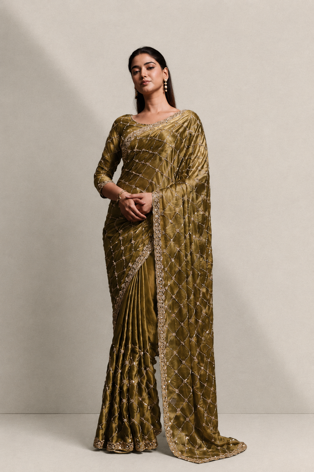 Mehandi Green Organza Silk Saree with Hand Embroidery with Stitched Blouse