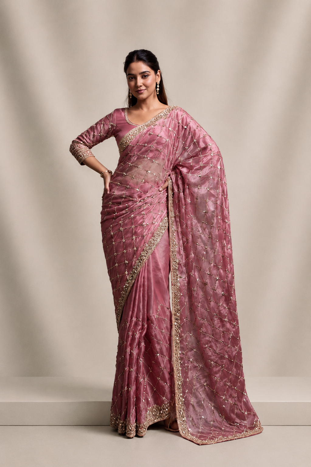 Rose Pink Organza Silk Saree with Hand Embroidery with Stitched Blouse