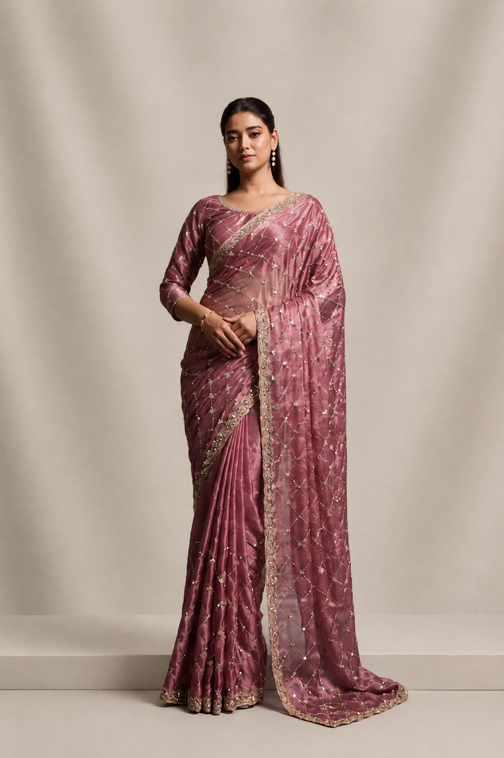 Rose Pink Organza Silk Saree with Hand Embroidery with Stitched Blouse
