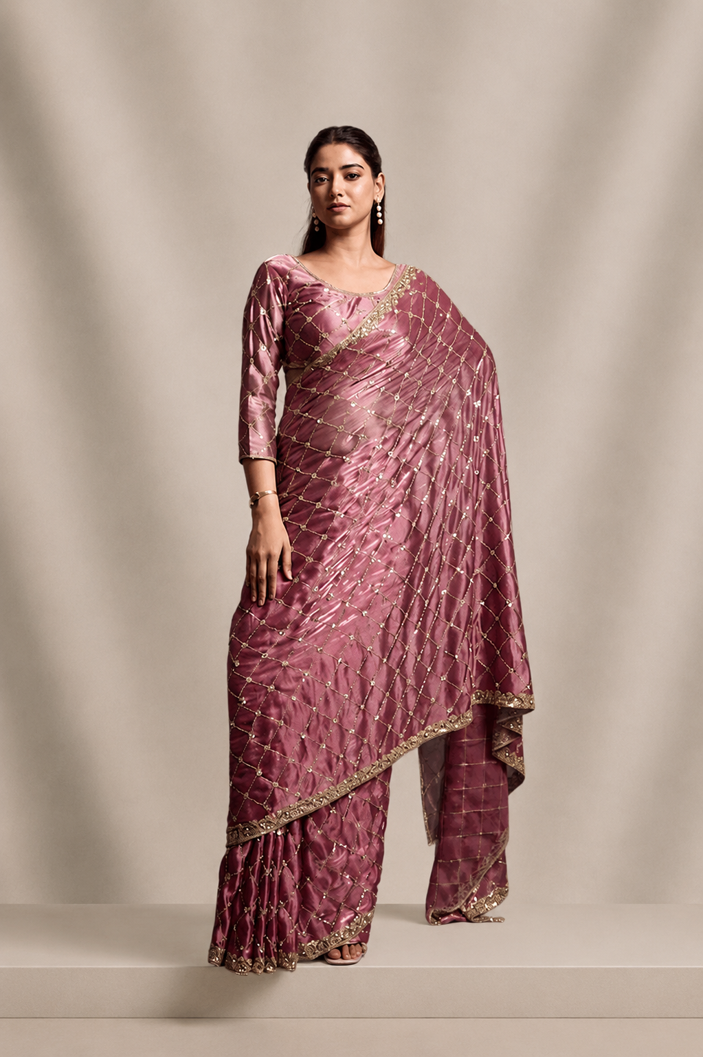 Rose Pink Organza Silk Saree with Hand Embroidery with Stitched Blouse