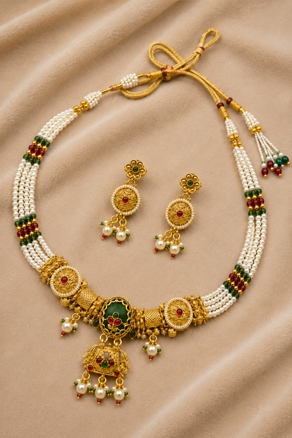 Gold-Tone Traditional Elephant Motif White Beaded Choker Necklace Set with Red & Green Stones