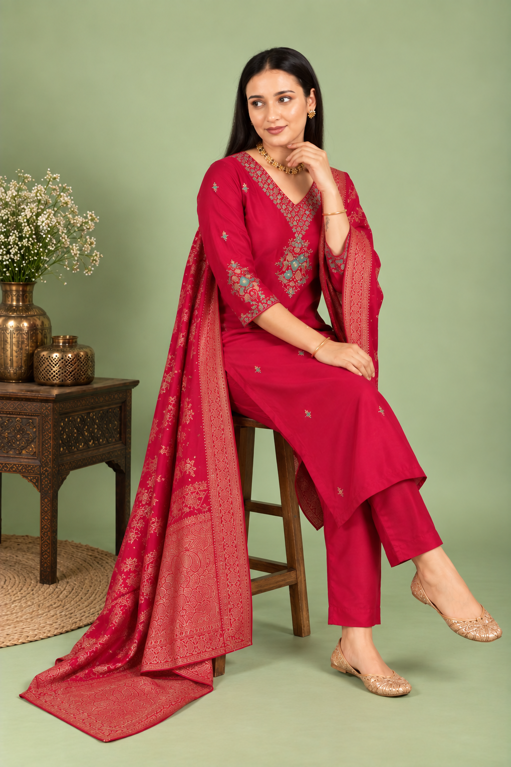 Red Crepe Silk Straight Kurta with Straight Pant and Zardosi Work