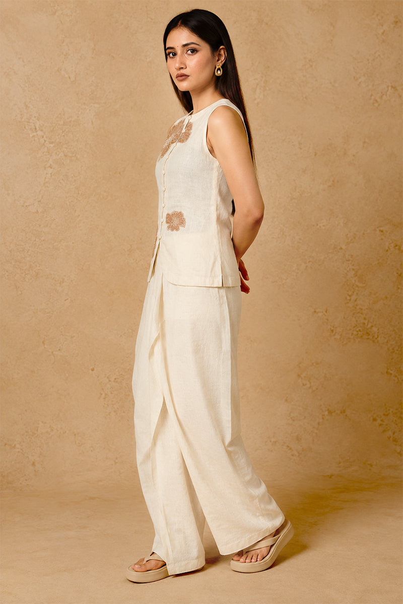 Ivory Cotton Linen Cord Set with Striped Palazzo Pants & Printed Blazer