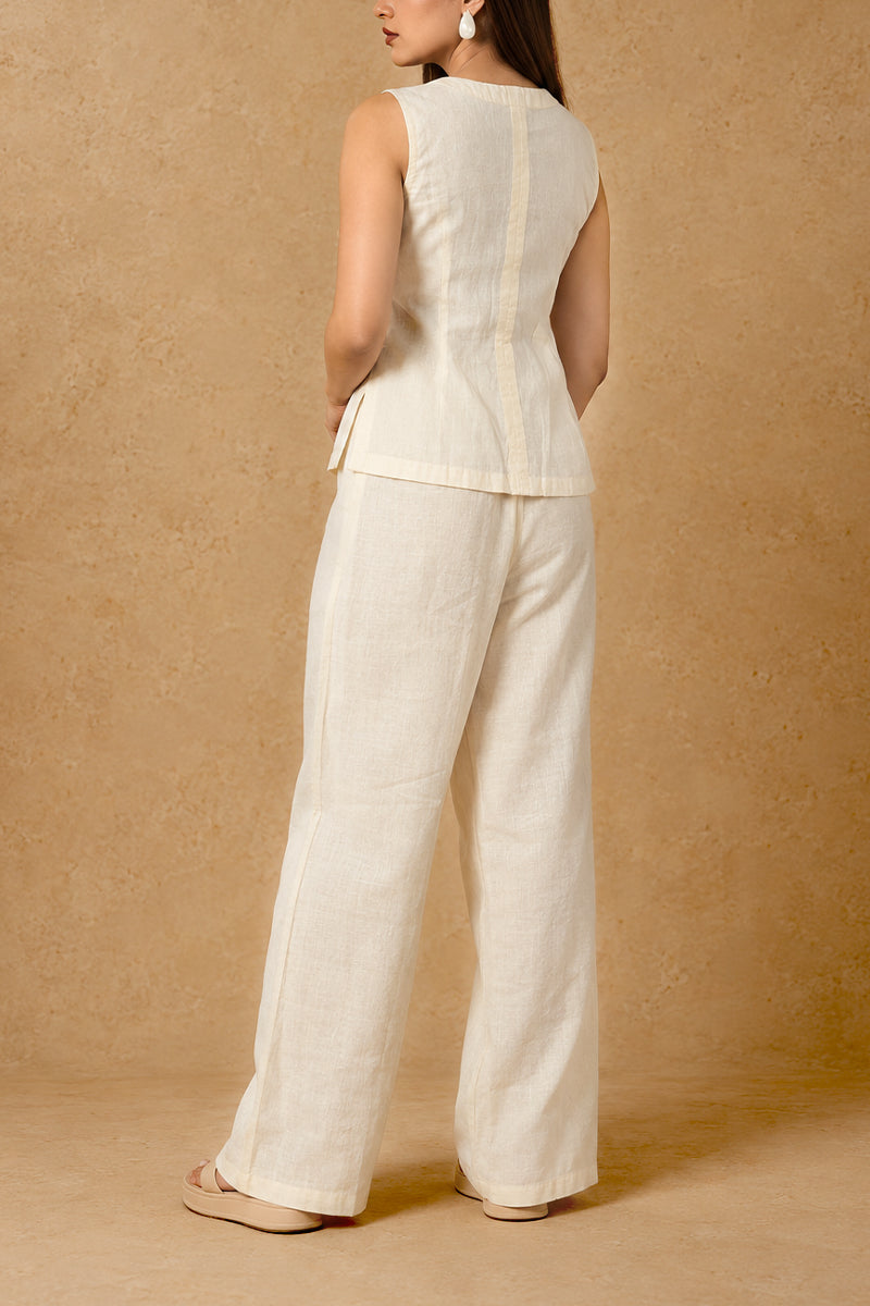 Ivory Cotton Linen Cord Set with Striped Palazzo Pants & Printed Blazer