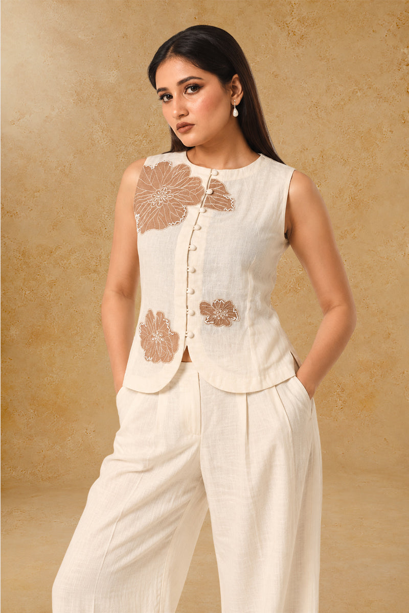 Ivory Cotton Linen Cord Set with Striped Palazzo Pants & Printed Blazer