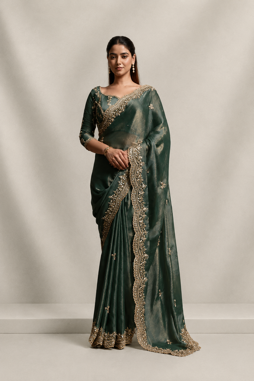 Olive Green Organza Silk Saree with Hand Embroidery with Stitched Blouse