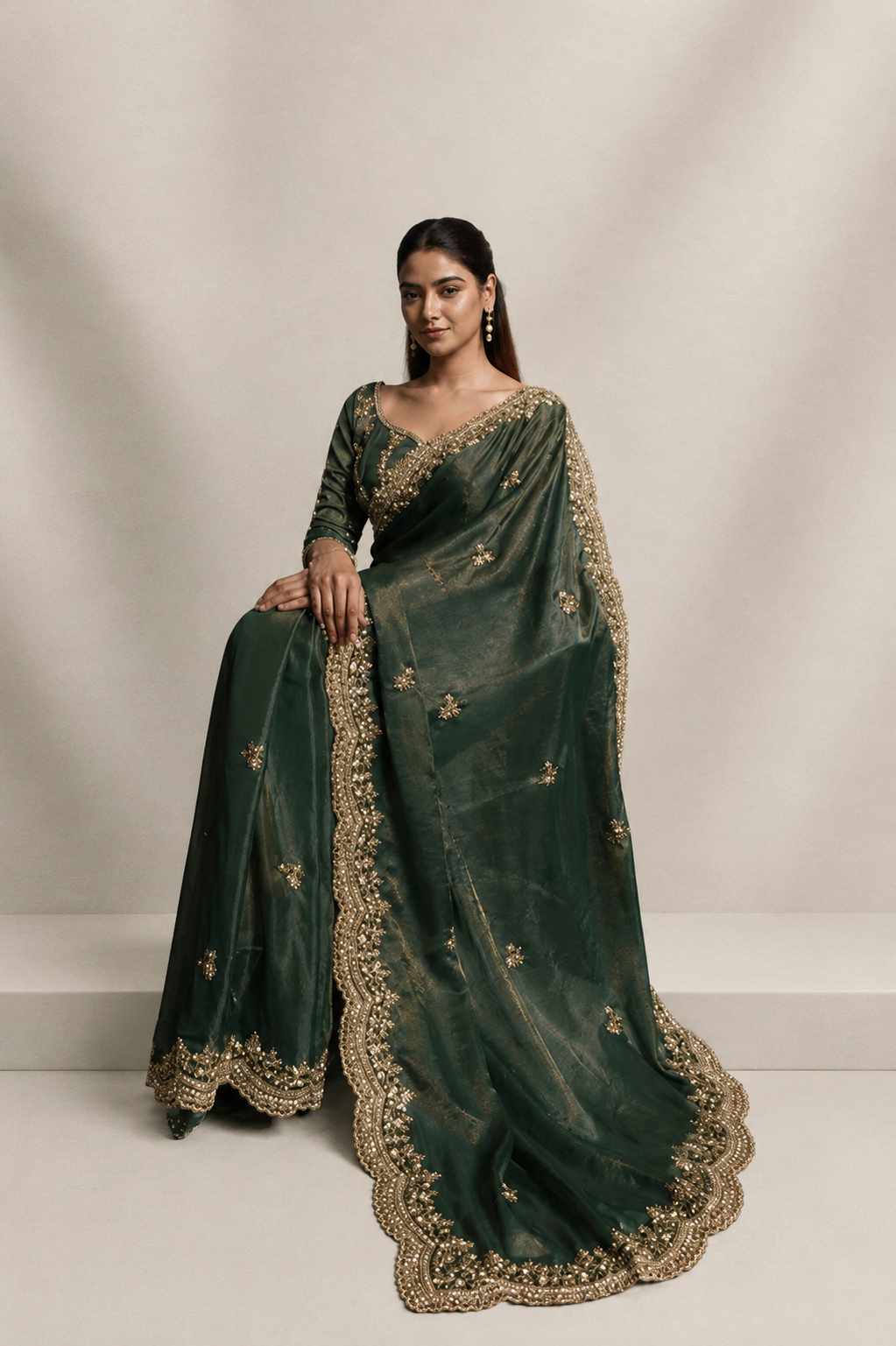Olive Green Organza Silk Saree with Hand Embroidery with Stitched Blouse