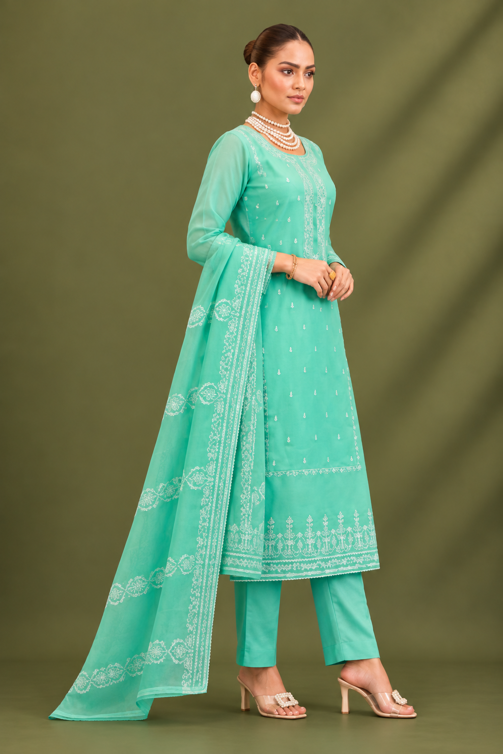 Mint Green Mal Cotton Suit Set With Laser Cut Work