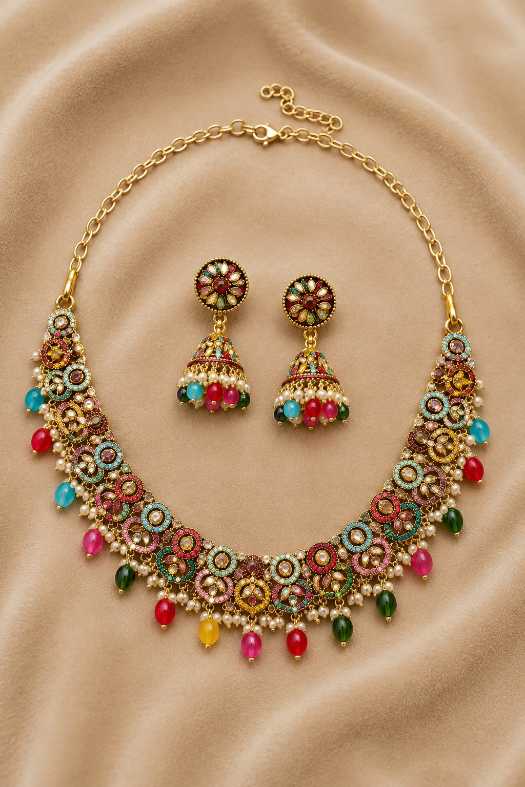 Multi-Color Necklace Jewellery Set with Maang Tikka and Passa
