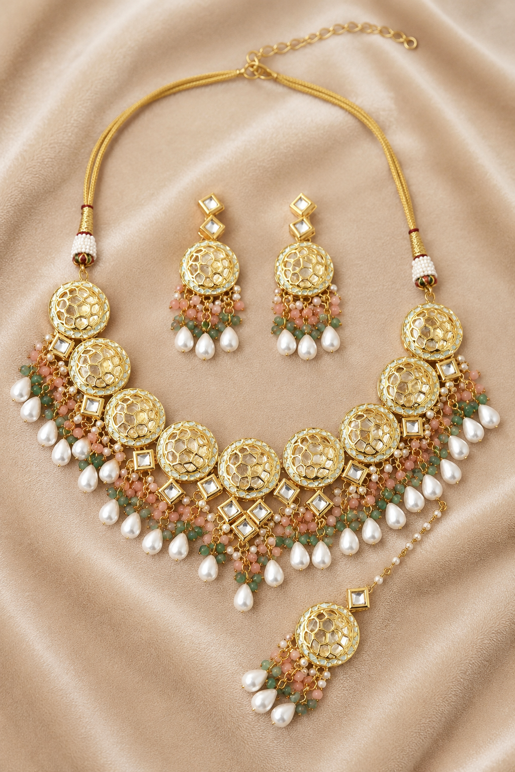 Gold Finish Kundan Multi-Color Beads and Pearls Necklace Jewellery