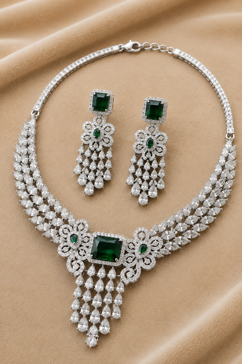 Green Silver Tone American Diamond Necklace Set with Floral Motif