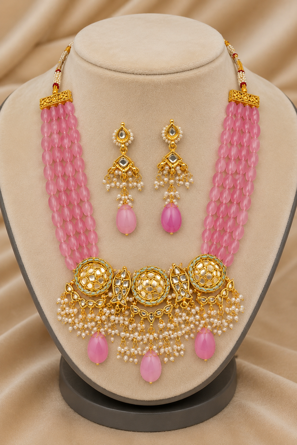 Rose Pink Beads Kundan Necklace Jewellery