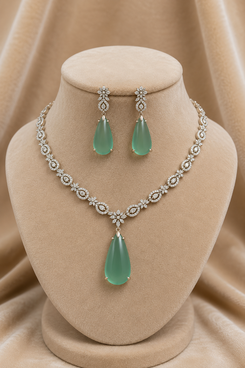 Sea Blue American Diamond Necklace with Earrings Jewellery Set