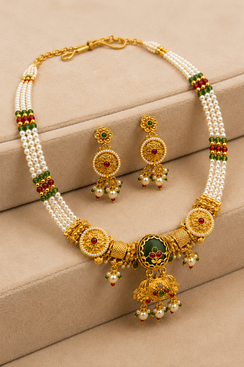 Gold-Tone Traditional Elephant Motif White Beaded Choker Necklace Set with Red & Green Stones